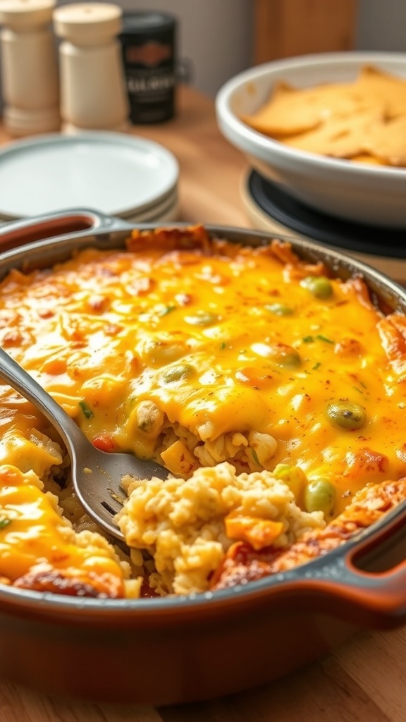 Cheesy chicken and rice casserole in a baking dish, topped with melted cheese and mixed vegetables.